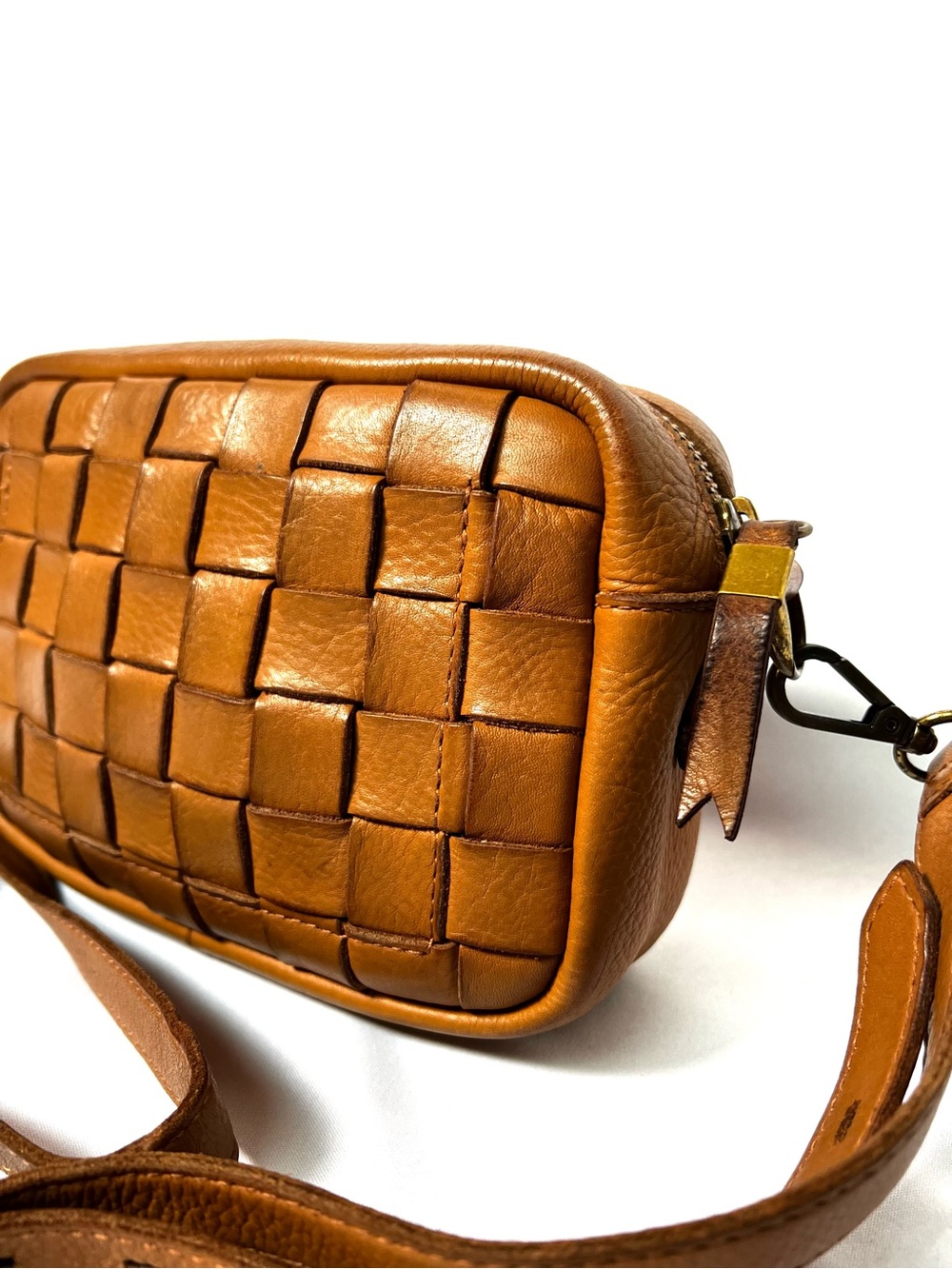 Madewell Woven Leather Crossbody Bag Cognac Brown Camera Bag Adjustable Strap - Picture 5 of 13
